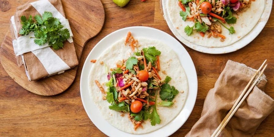 Colorful Thai-inspired wrap ingredients laid out