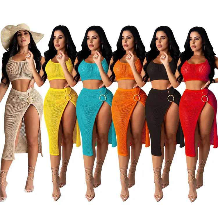 

Mesh Two Piece Set Women Summer Sexy Sleeveless Crop Tops Side Split Midi Skirts Set See Through Beach Party Clothing