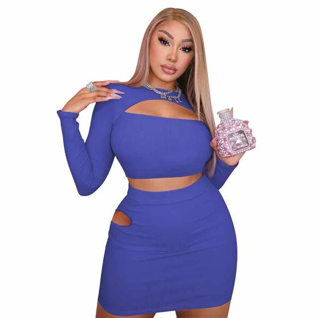 

Women's Sexy Hollow Tight Short Skirt Long Sleeve T-shirt Set, Picture color