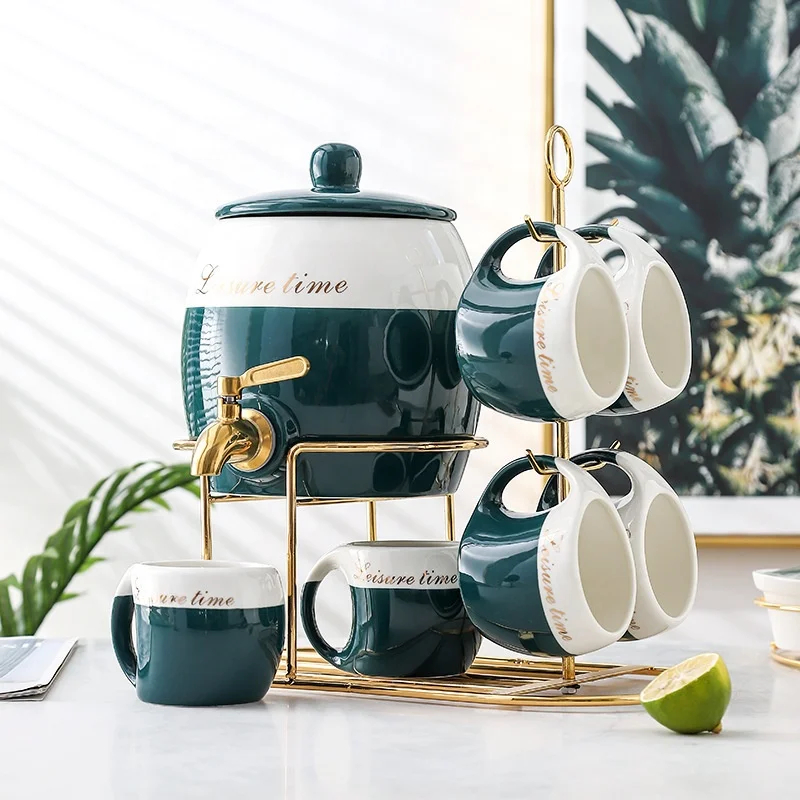 

Hot Selling Nordic Ceramic Large Capacity Set White Porcelain Water Cup Cold Kettle Flower Tea With Faucet Gold Frame Set, Green