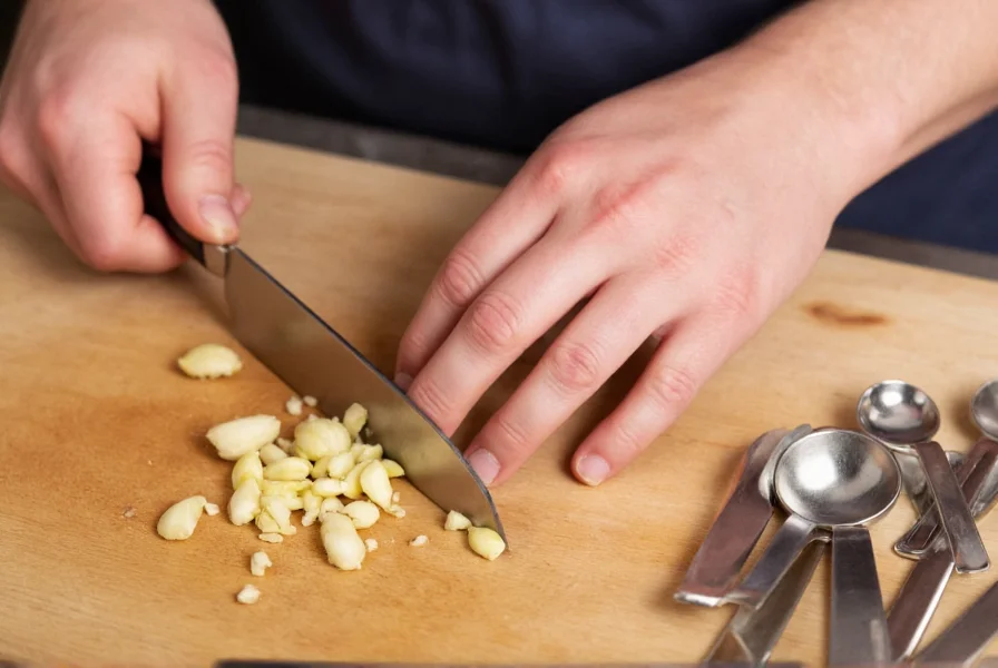Chef's hand mincing garlic on cutting board with measuring spoons nearby for reference