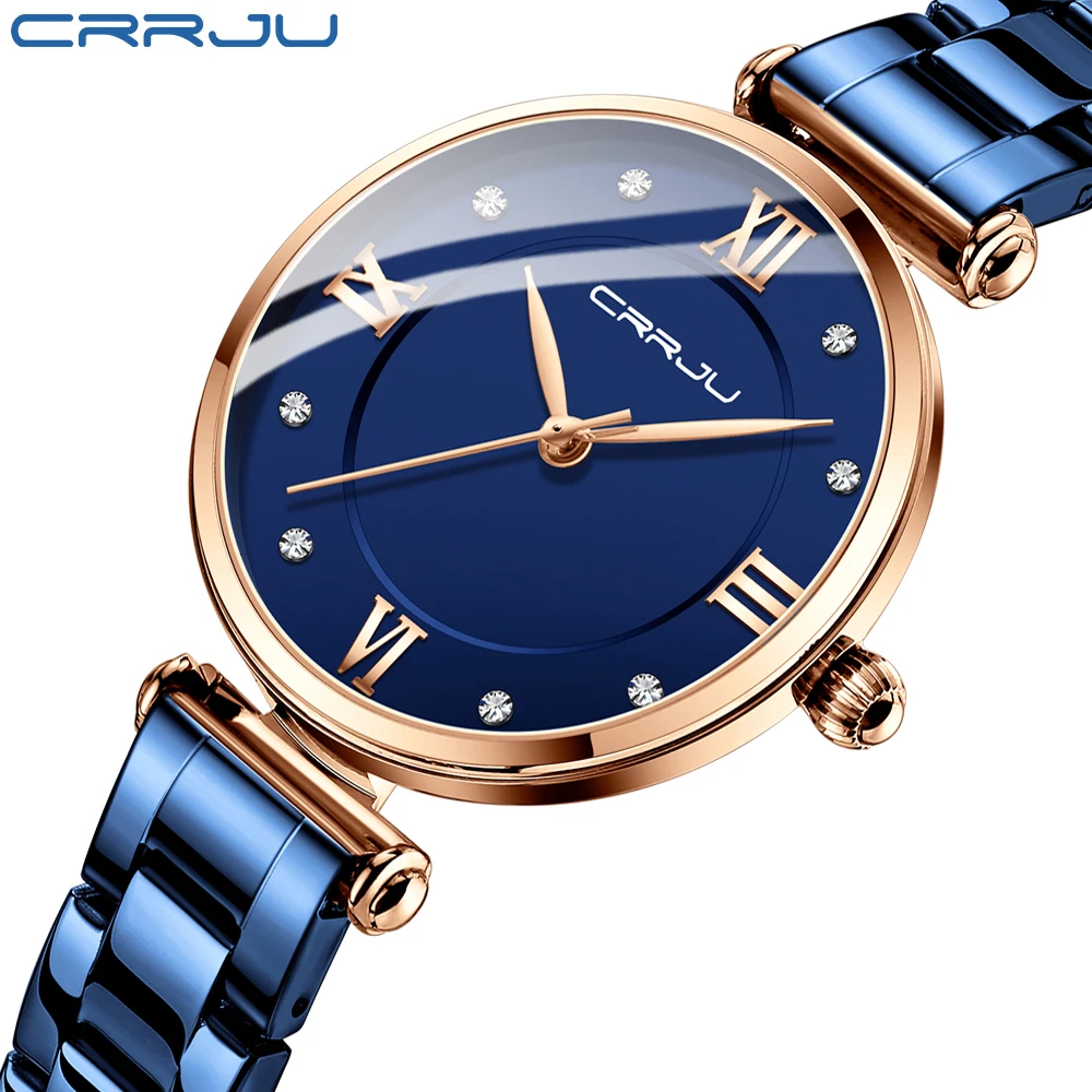 

CRRJU causal Stainless steel band Quartz female Crystal Diamond blue Dial Fashion Women Watches, 3 colors