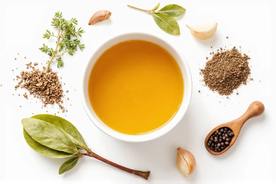 Various spices arranged around a bowl of chicken soup showing thyme, bay leaves, garlic, and black pepper