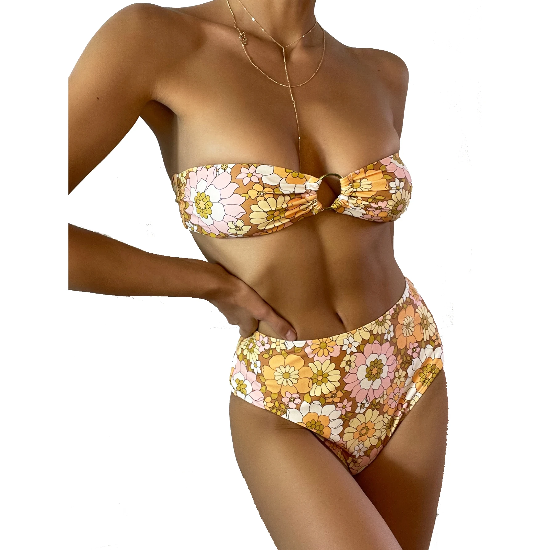 

Summer Women Swimwear Floral Printed Strapless Off-shoulder Bandeau Bikini Sets Accept Customized