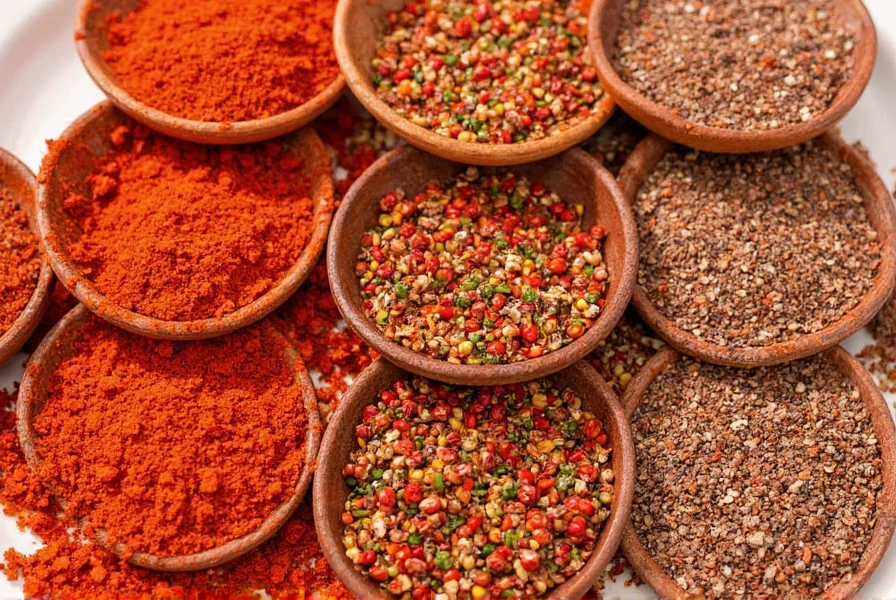 Close-up comparison of Calabrian chili substitutes including red pepper flakes, Aleppo pepper, and Maras pepper arranged in small bowls