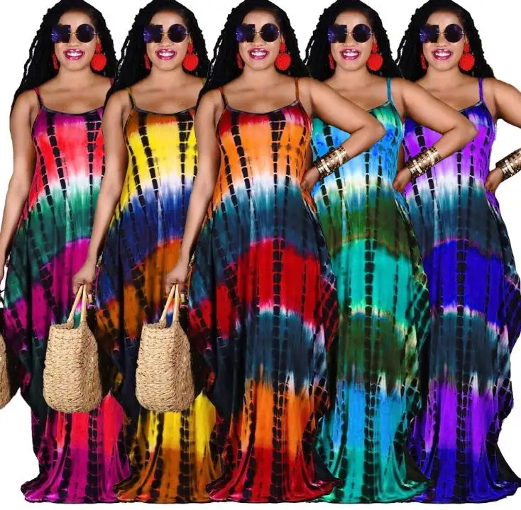 

zm12035f Summer New style apparel ladies casual long dresses women fashion tie dye printing dress, Orange, red, yellow, blue, purple