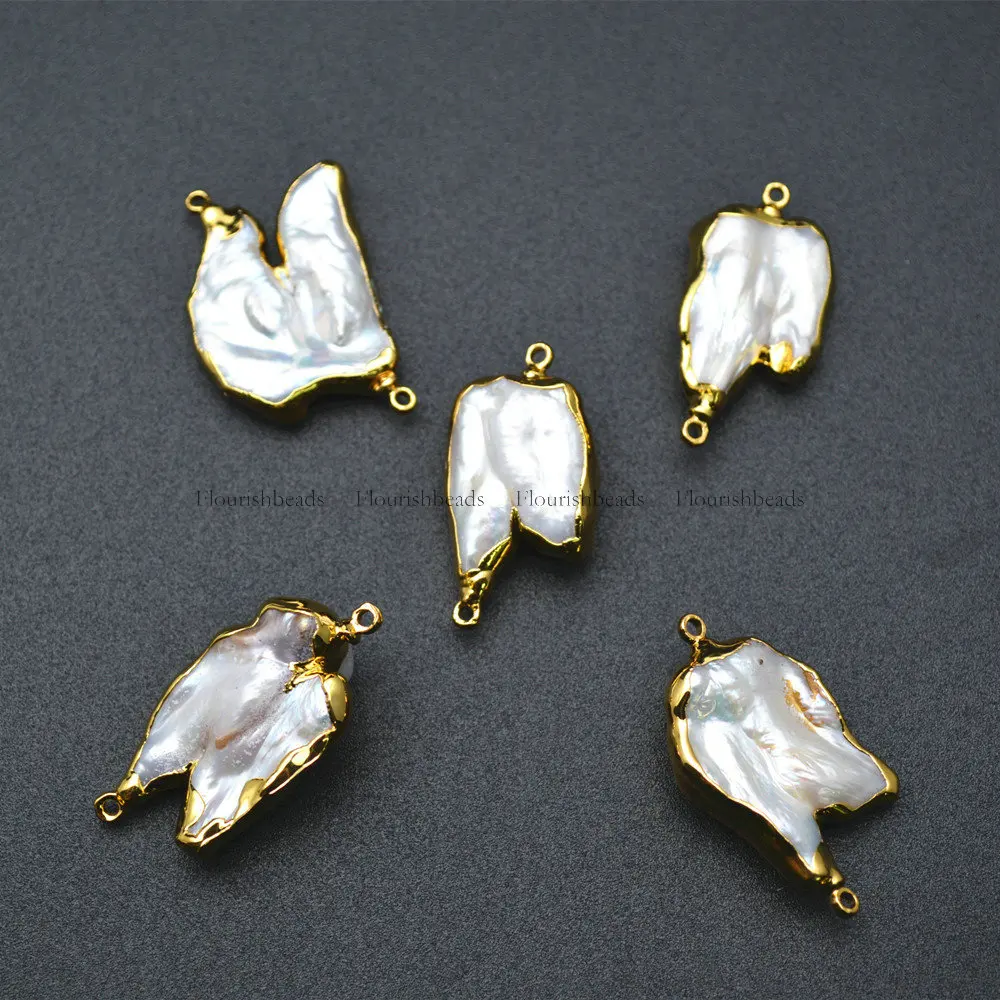 

Anti-rust Gold Plating Charms Natural Fresh Water Pearl Irregular Shape Two Loops Jewelry Connectors