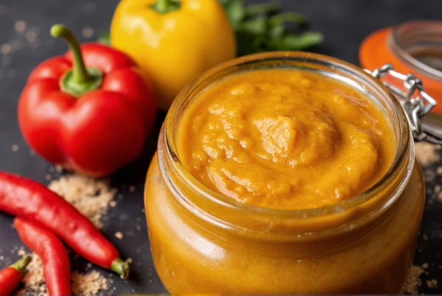 Close-up of authentic Peruvian aji amarillo pepper paste in glass jar with fresh peppers and cooking ingredients