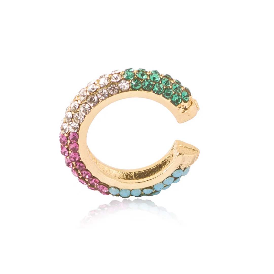 

2020 New Arrival Gold Plating Rainbow Diamond Pave C Shaped Ear Clips Colorful Rhinestone Crystal Hoop Earrings, Picture shows/custom color