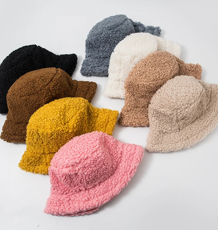 Lamb Faux Fur Bucket Hat Thickened Warm Teddy Velvet Winter Hats For Women Lady Bob Panama Outdoor Plush Fisherman Hat