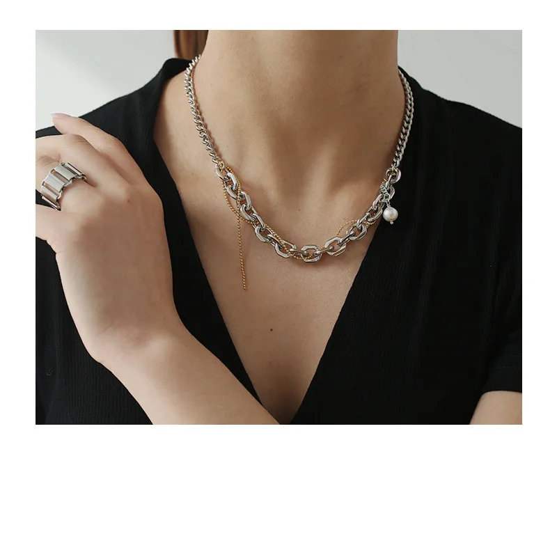 

European Metal Stitching Texture Thick Link Chain Necklace Platinum Plated Pearl Charm Cuban Chain Necklace For Lady