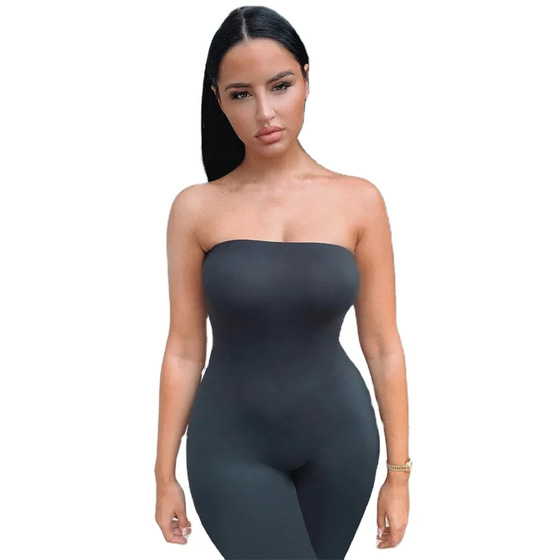 

JS0082 New Design In Stock Sleeveless Off The Shoulder Fitness Spandex Tube Ladies Bodycon Jumpsuit, Gray / black / coffee