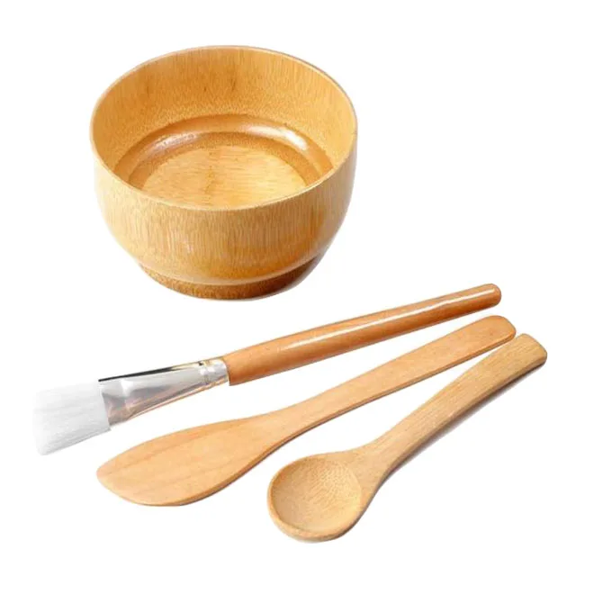 

High Quality Low MOQ Food Grade Natural DIY Facial Beauty Care Mixing Eco Friendly Serving Bamboo Bowl With Spoon And Brush, Natural bamboo color