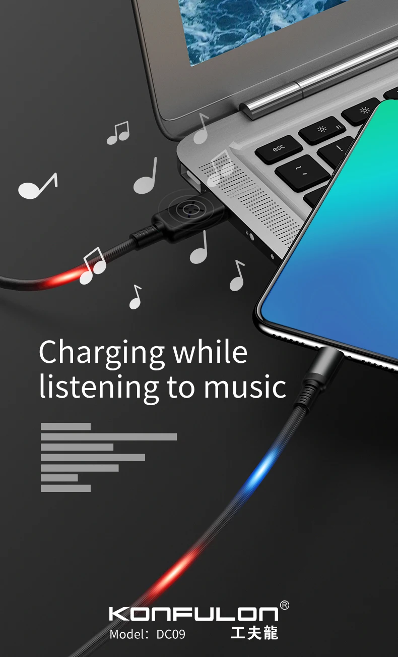 Konfulon Colorful Voice Control Flowing LED Light Micro USB Cable for Smartphones - ANKUX.COM