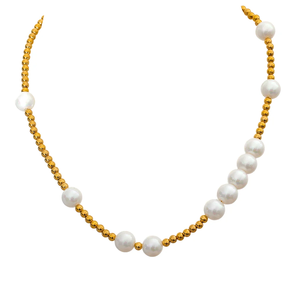 

JINYOU 2075 Fashion Stainless Steel Beads Imitate Pearls Chain Handmade Necklace Stylish 18k Gold Color Plated Trendy Jewelry