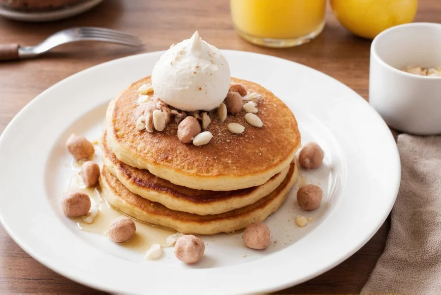 Close-up of cinnamon bun pancake cross-section showing distinct cinnamon swirl layer