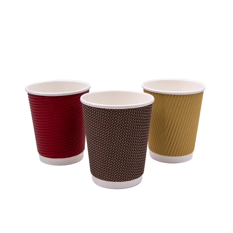 
8oz 10oz 12oz Hot Drink Biodegradable Ripple Wall Coffee Paper Cups with Lids 