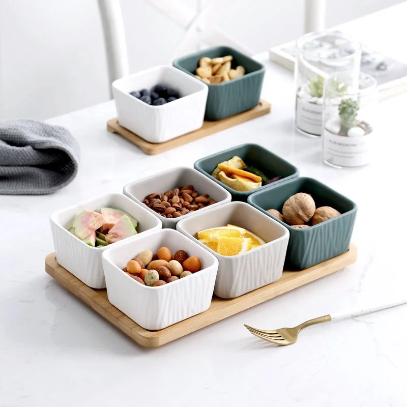 

Nordic Ceramic Snack Serving Tray Container Ceramic Square Bowls Dried Fruit Snack Tray Set Small Dish, White/dark green/grey