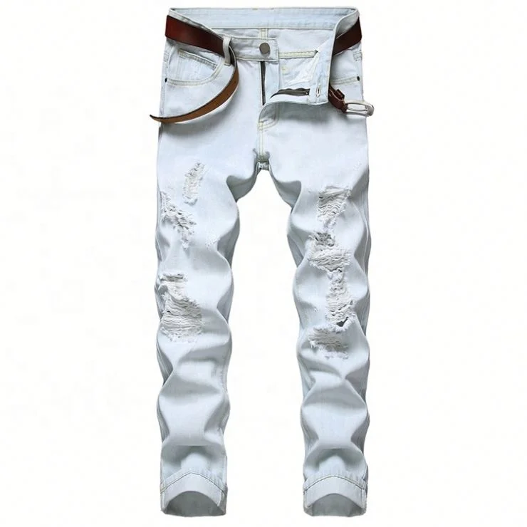 

Classic Fashion European Mens Distressed Pants Ripped Denim Jeans, Light blue