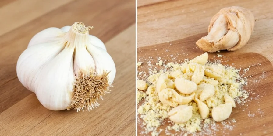 Someone chopping garlic with cloves flying everywhere
