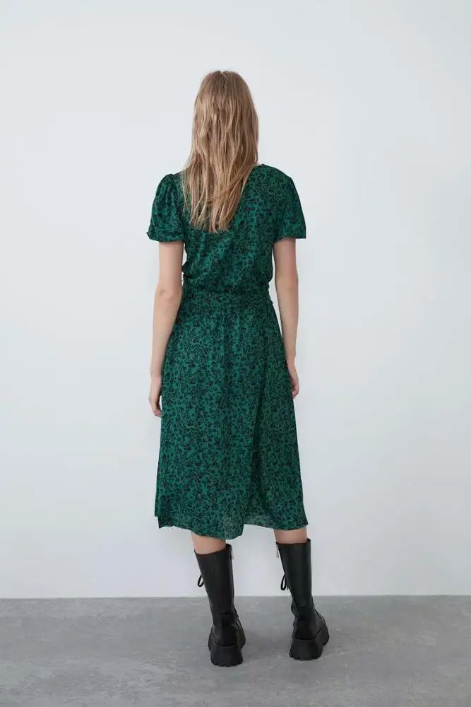 
2019 autumn winter splits high quality poly crepe floral printed high street wear short sleeve long dress women 