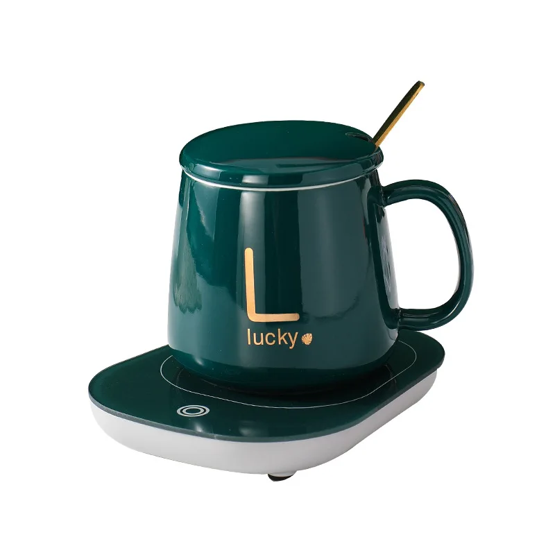 

New Design 55 Degree Thermostatic Heating Coaster Ceramic Cofee Mug With Spoon Gift Box, Green/red/pink/white