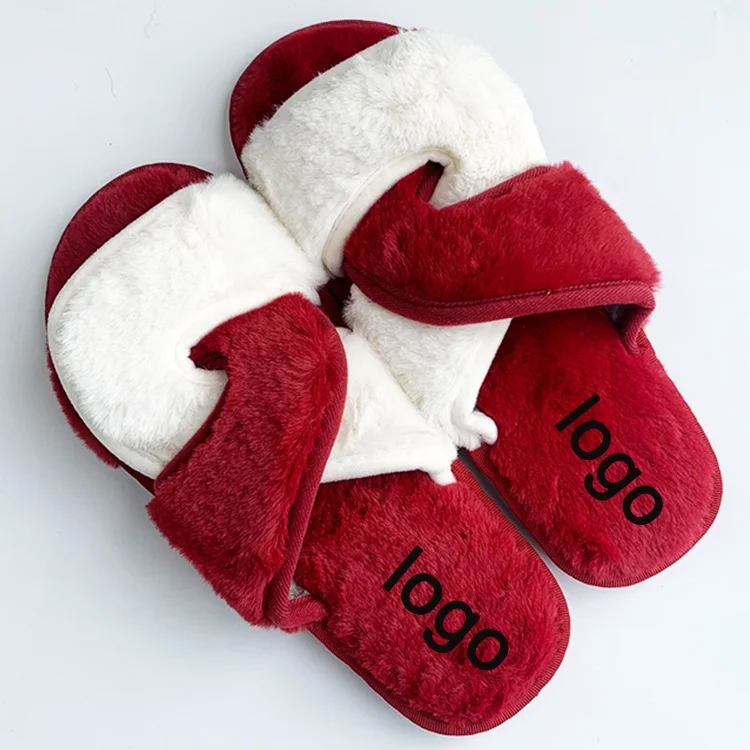 

2023 wholesale Women's Fashion Soft Home Fluffy Fuzzy Real Wool Fur Cross Sheepskin Open Toe Red slippers