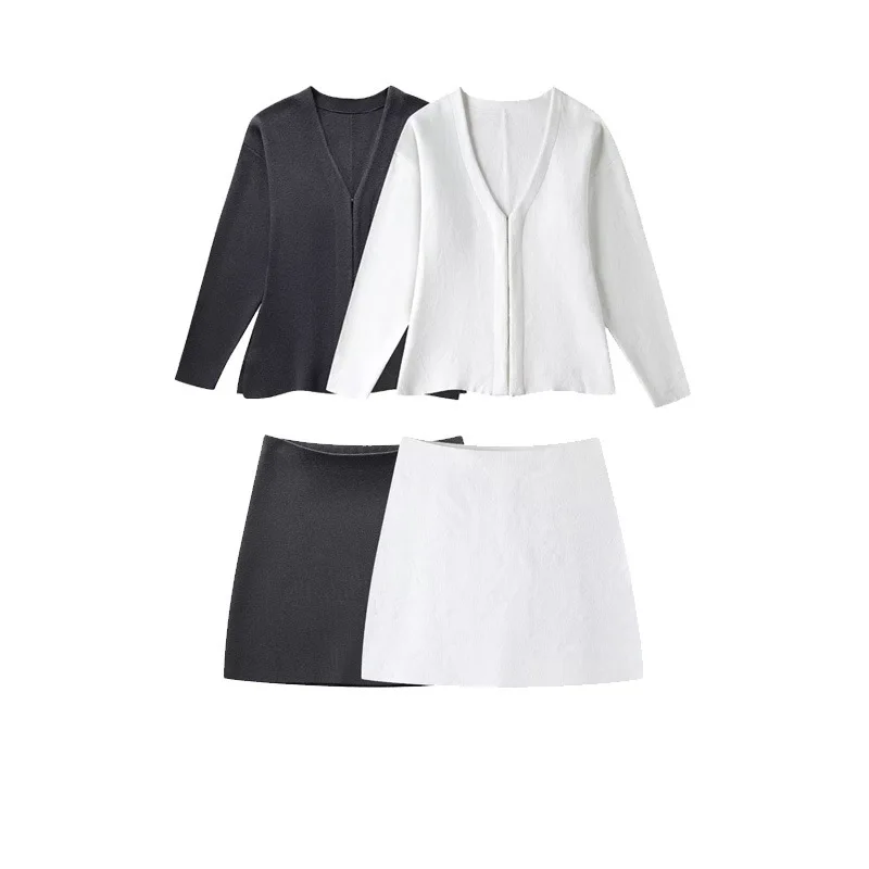 Spring Latest Design Woollen Ribbed Button Cardigan Mini Dress Knitted Two Piece Set Skirt