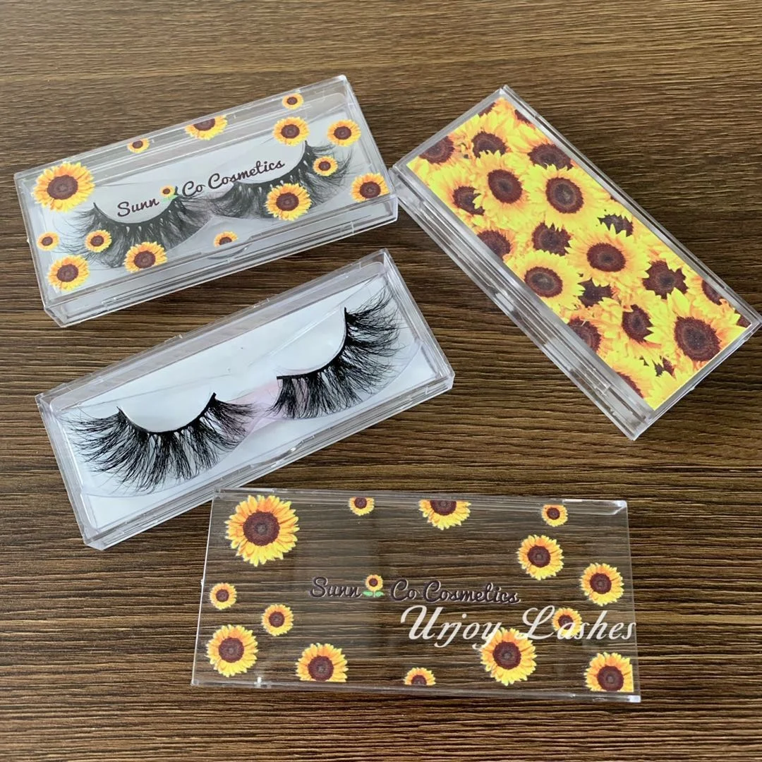 

New design 25mm mink eyelash acrylic sun flowers box packaging custom 3d lash cases, Natural black