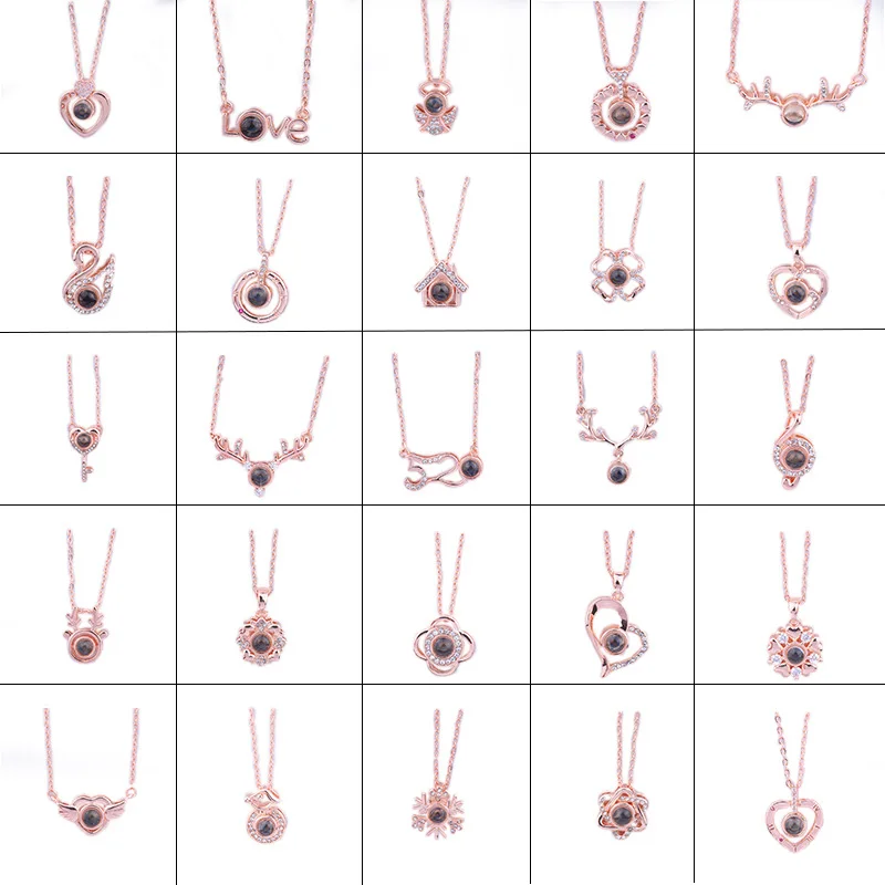 

In Stock One Dollar Women Alloy Projective Necklace Valentine's Day Heart Rose Gold 100 Languages I Love You Necklace, Rose gold, silver