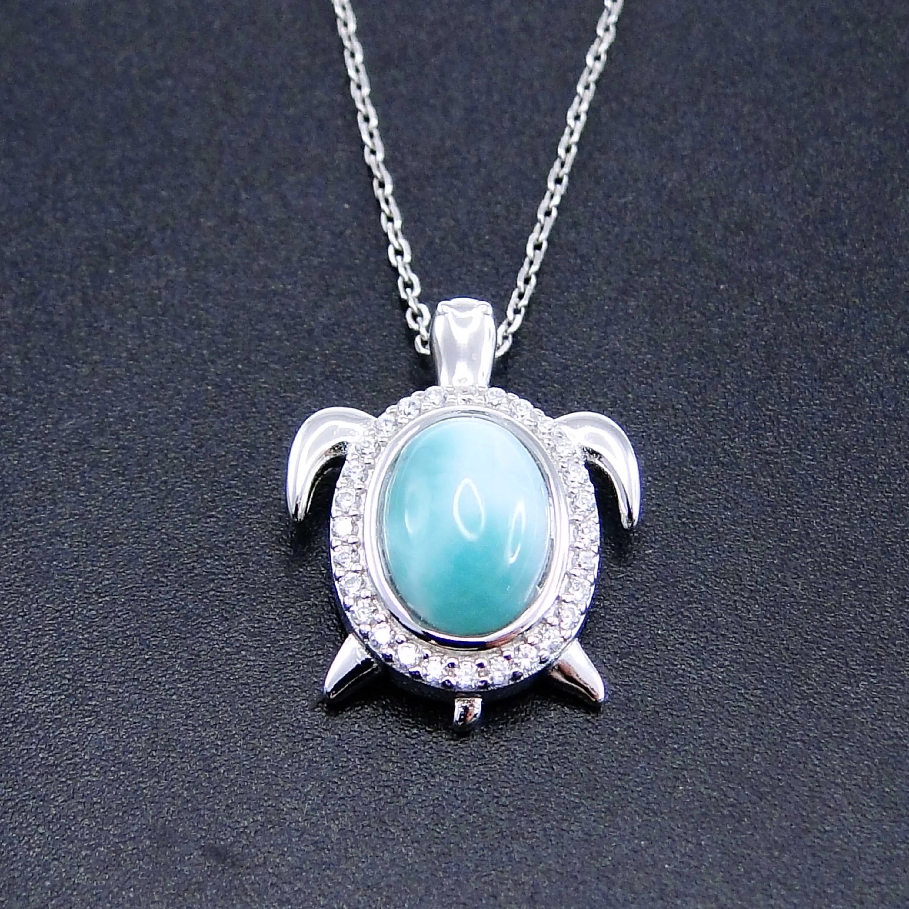 

925 Sterling Silver Sea Life Dominica Natural Larimar Turtle Pendant Necklace With CZ