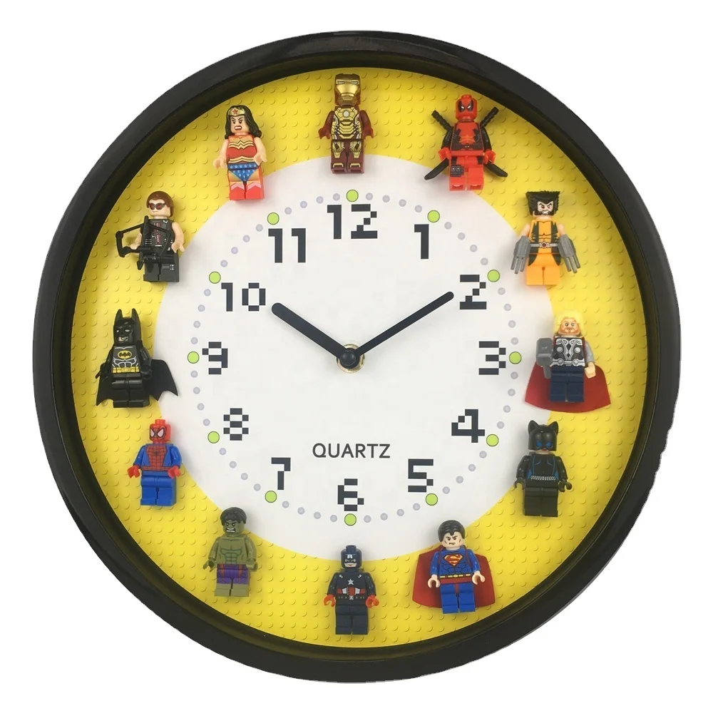 

Small MOQ 12 Inch Modern Building Blocks Superhero Plastic Wall Clock For Home Decoration, White, black