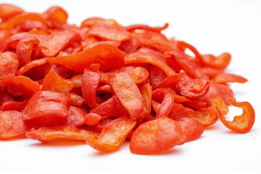 Close-up of red pepper flakes showing seeds and skin fragments on white background