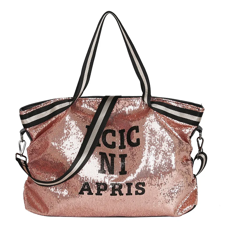 

New Fashion Glitter Sequins Ladies Handbag Large Capacity Shopping Shoulder Bag Weekend Travel Tote Bag Women Handbag, Orange,silver,green,black,custom color