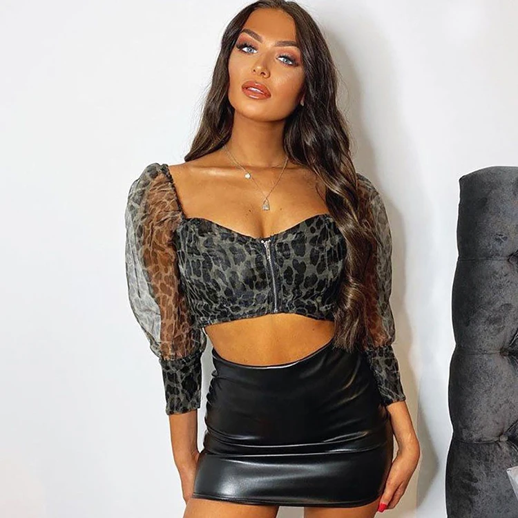 

Long Sleeve Puff Sleeve Leopard Printed Women Blouse Top, Black