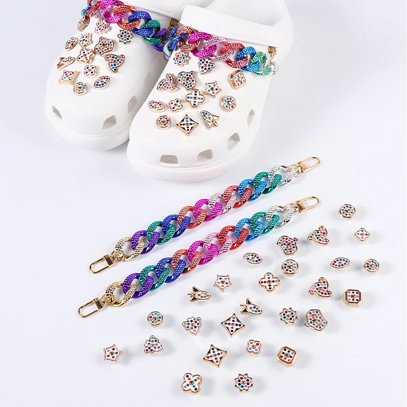 

Fashion Jewelry DIY Rhinestone Cute Rainbow Chain Croc Charms Designer Shoes Decoration Accessories for Croc Clogs