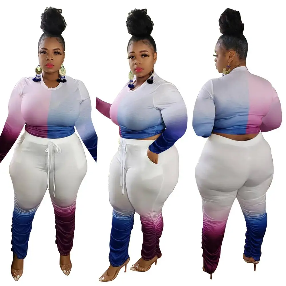 

EB20010708 women clothing fashion gradient color pleated foot pants fall plus size jogger tracksuit crop-top and stack pants set, Pink and blue