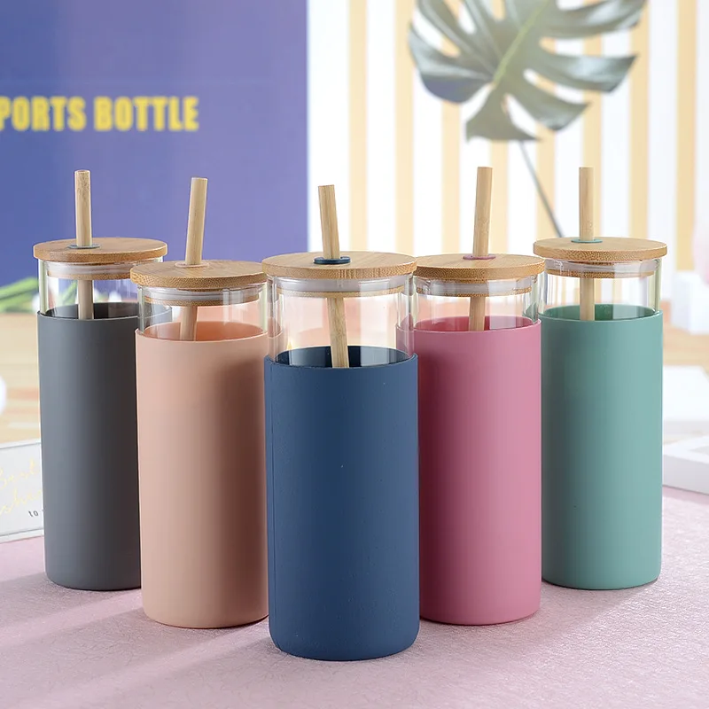 

16oz Silicone Insulated Sleeve Glass Water Bottle Drinking With Bamboo Lid,500ml Glass Tumbler With Straw And Lid