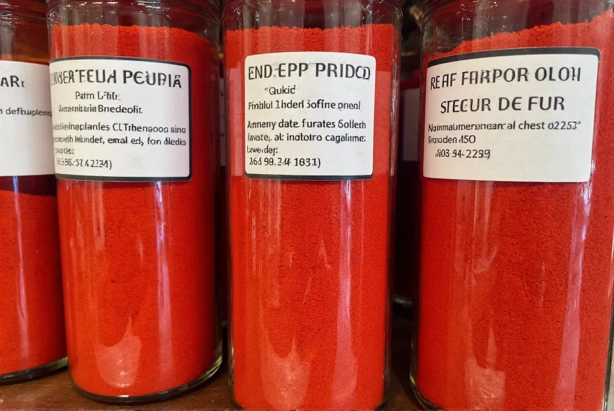 Red pepper powder stored in glass jars with labels showing production date and storage instructions