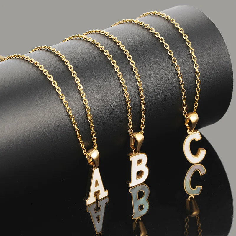 

Water Resistant 18K Gold Plated 316L Stainless Steel Opal 26 Letter Necklaces Natural Shell Initial Necklaces For Women