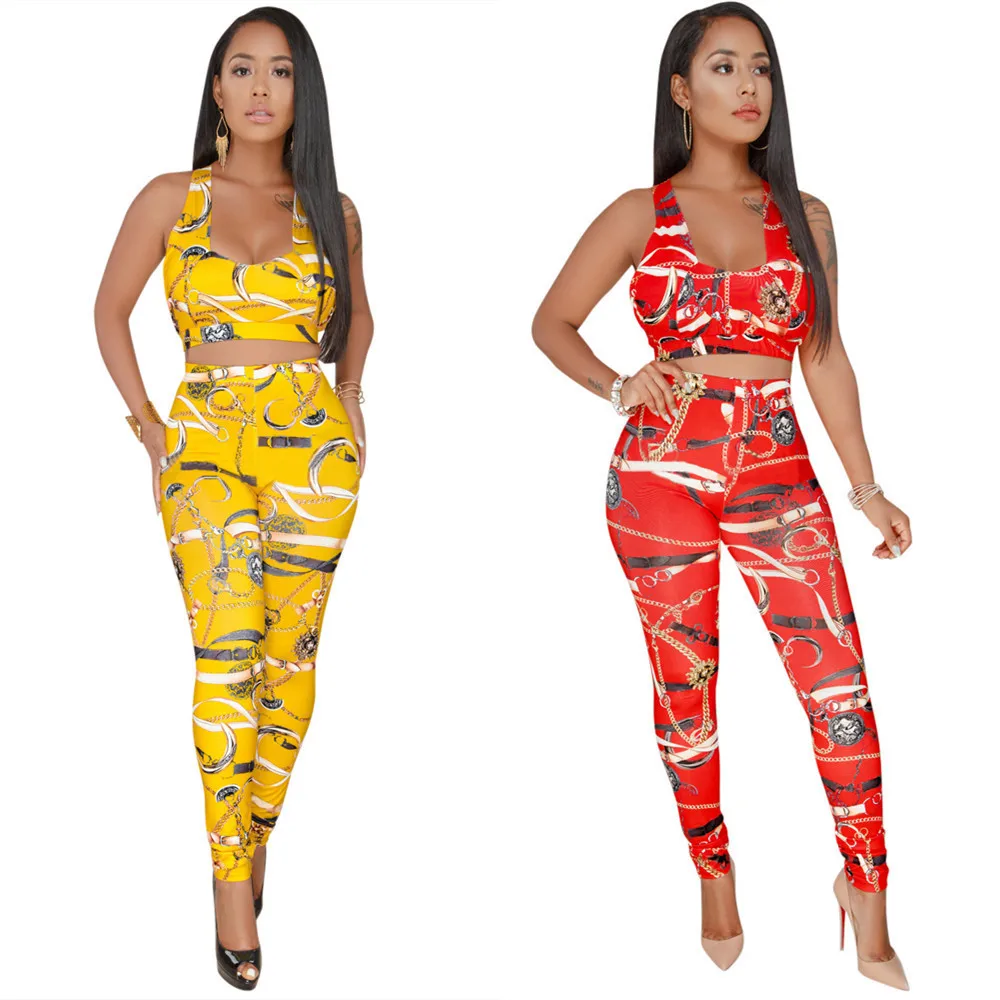 

women two pieces set summer 2021 casual digital printing bodycon halter vest and pants set boutique woman clothing, Yellow/red