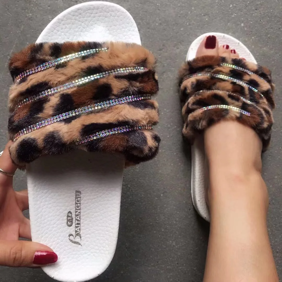 

2021 Plush Slides Fashion Leopard Fur Flat Slippers Fluffy Flip Flops For Women