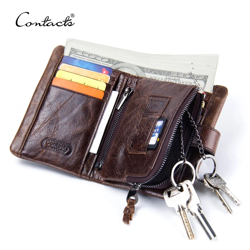 

drop ship contact's new design casual vintage removable inside phone card coin pocket genuine leather men wallet with key chain, Coffee