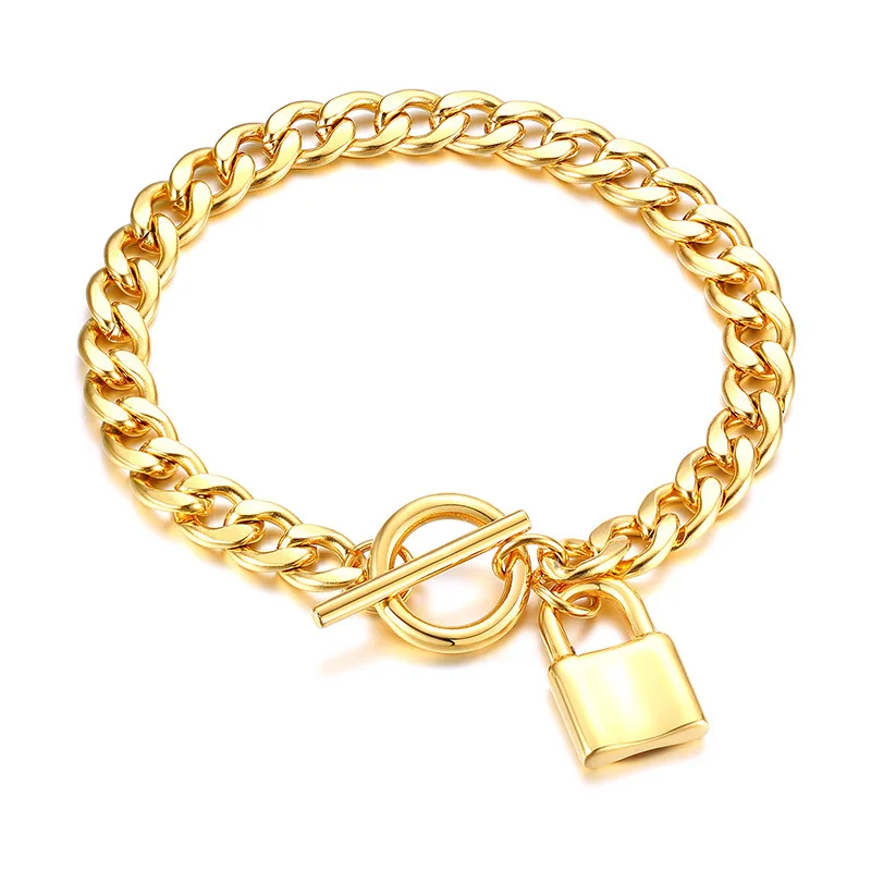 

British Style 18k Gold plated Geometric OT Clasp Lock Bracelet Vintage Chunky Link Chain Stainless Steel Bracelet