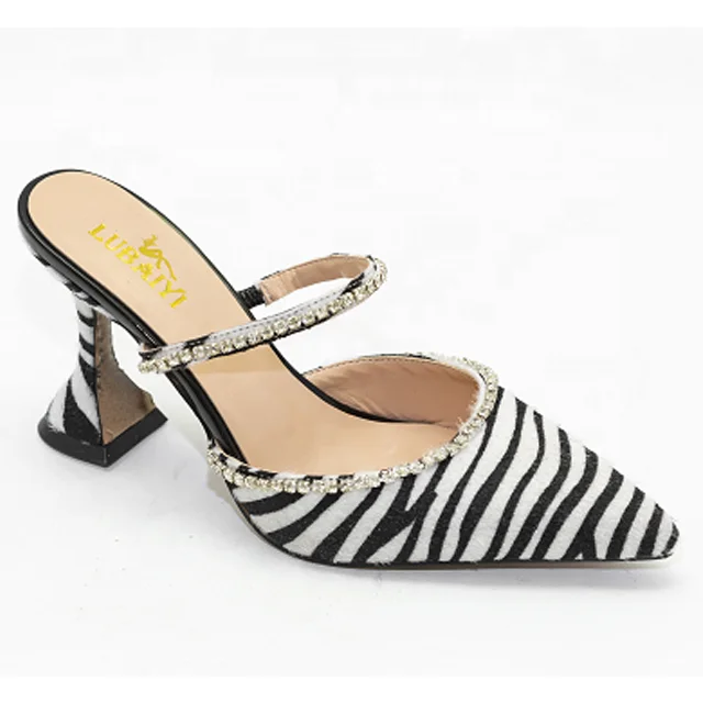 

New product Zebra animal print beaded strap fashionable PU slingback women's dress shoes