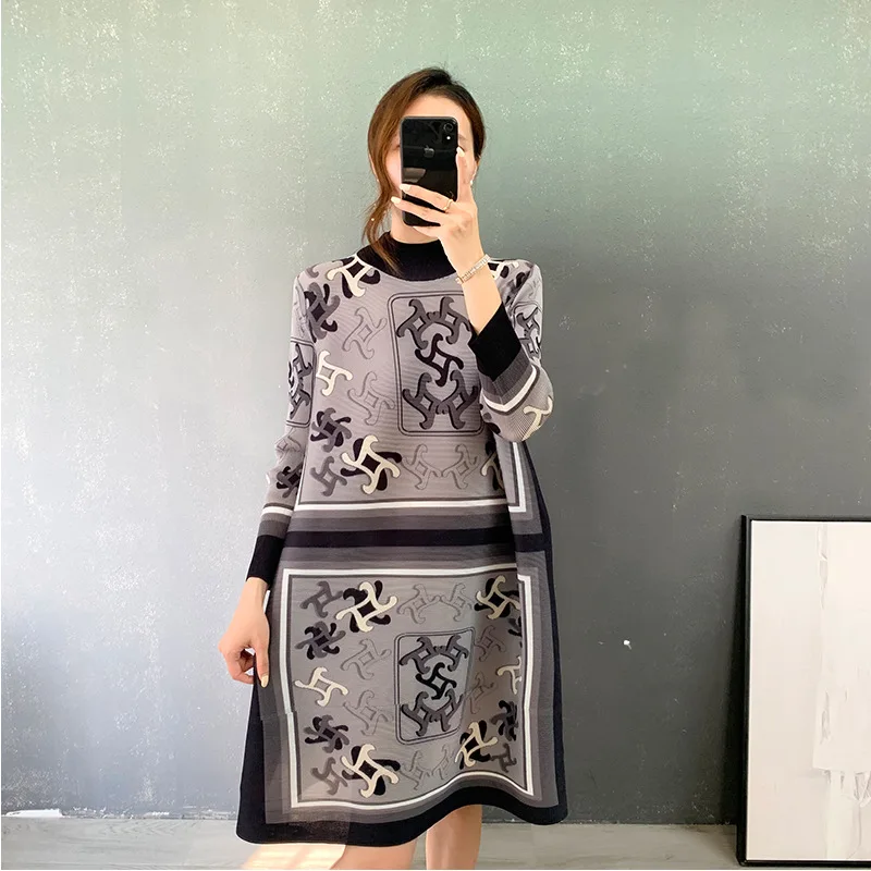 

FXZ miyake pleated dress autumn winter 2021 new high-collar long sleeve plus size pleats please women dress, Customized color