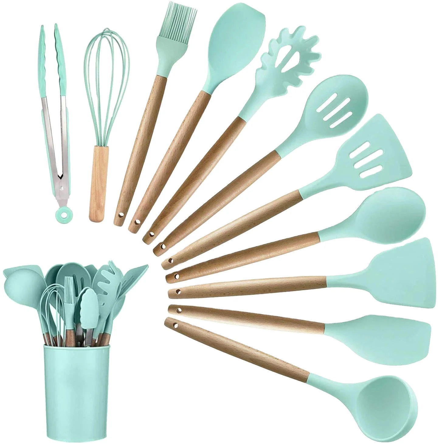 

11 piezas de utensilios de cocina baratos conjunto de silicon BPA Free Camping Kitchen Utensils Set With Holder, Customized color