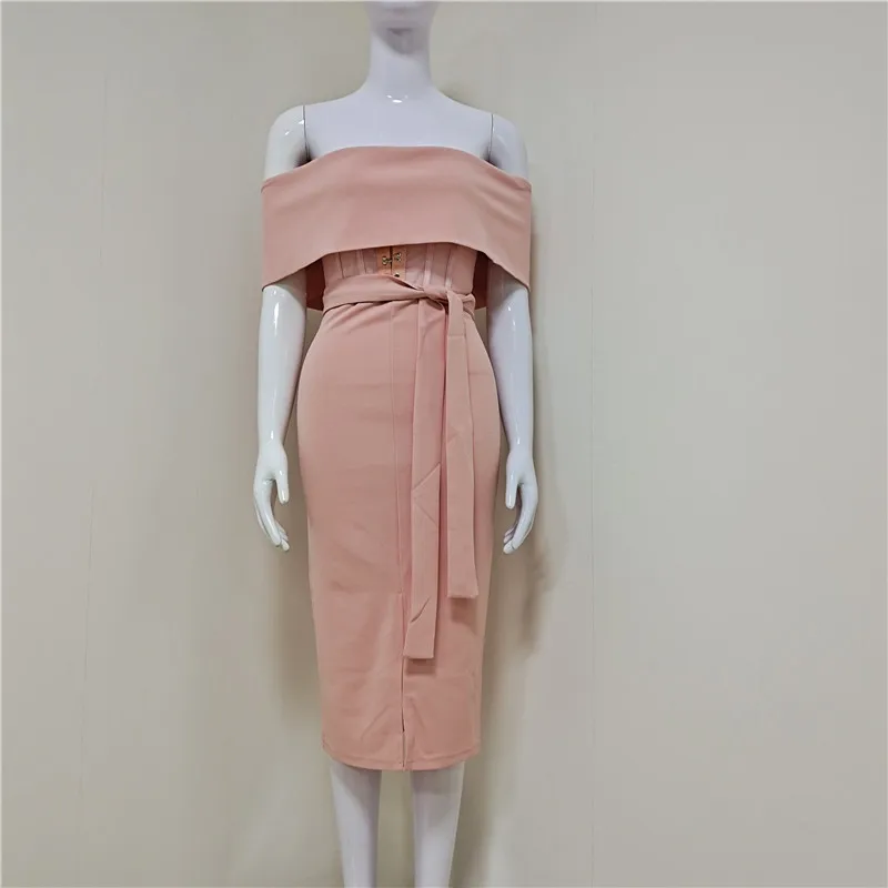 
A3635 Apricot sexy mesh transparent custom brand high quality women elegant off shoulder midi vestido dress 