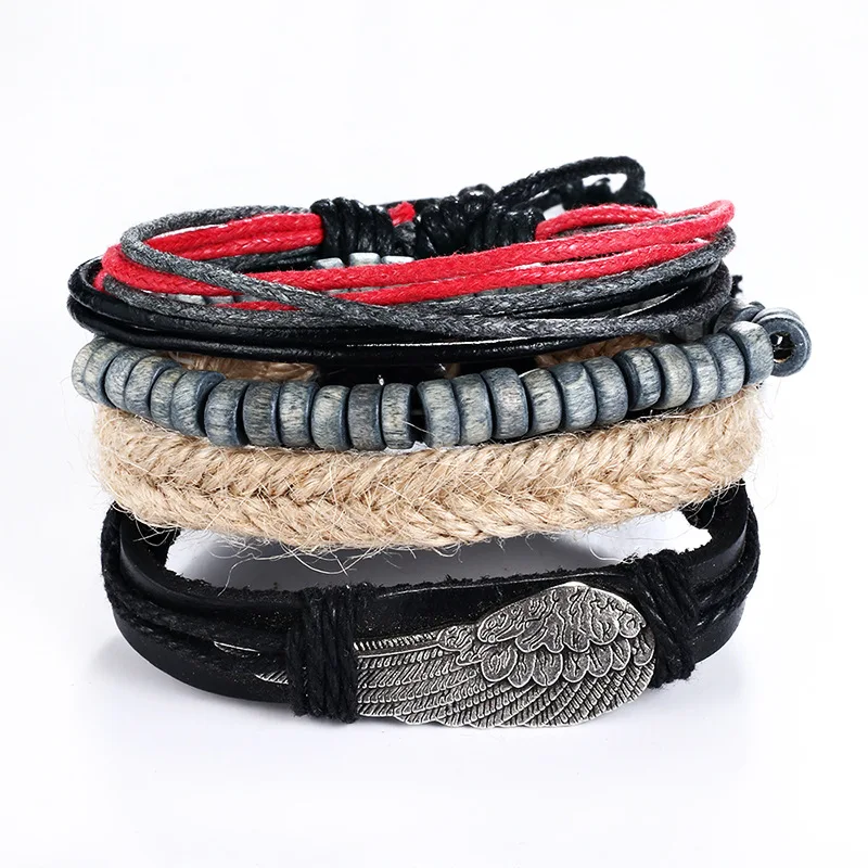 

New Fashion Hand Woven Multilayer Men's Leather Bracelet With Adjustable Wings