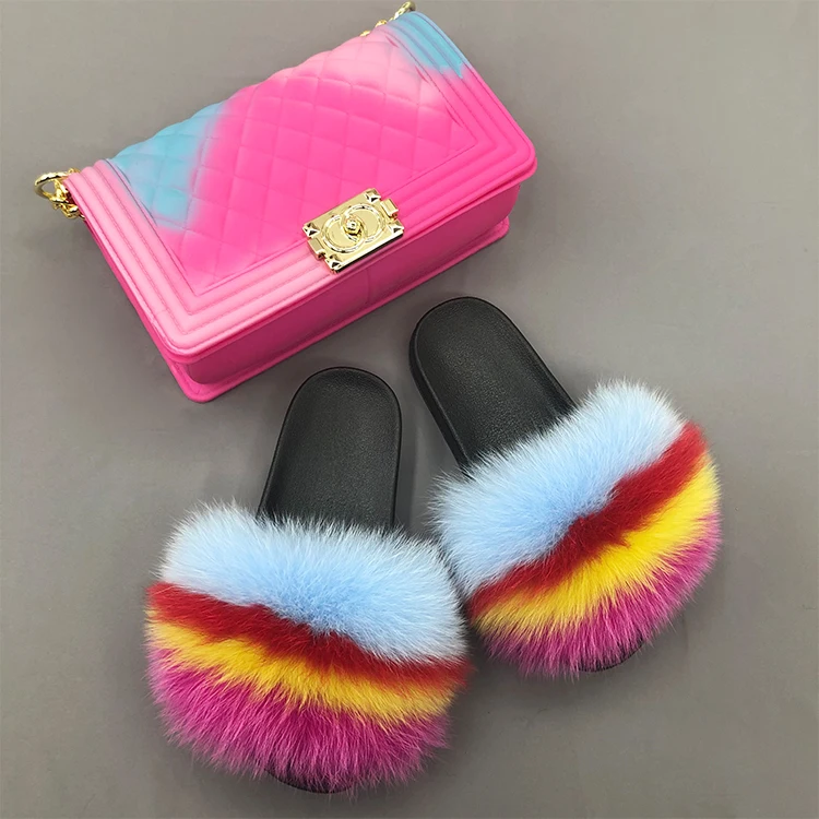 

Big fluffy fox fur sliders slippers purse sets mixed color furry slides and jelly purse sets, Customized color